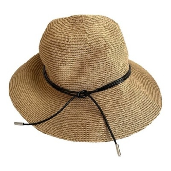 Women\'s Wide Brim Straw Sun Hat Beach Floppy Summer Linen Cap Black Leather Tie